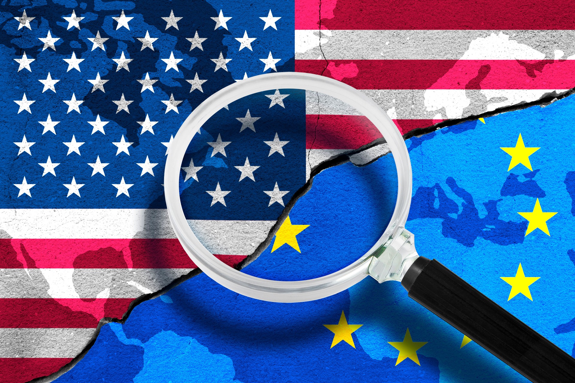 US (UNITED STATES) VS EU (EUROPEAN UNION) - Trade war and politics conflicts concept - Concept with flags painted on cracked wall