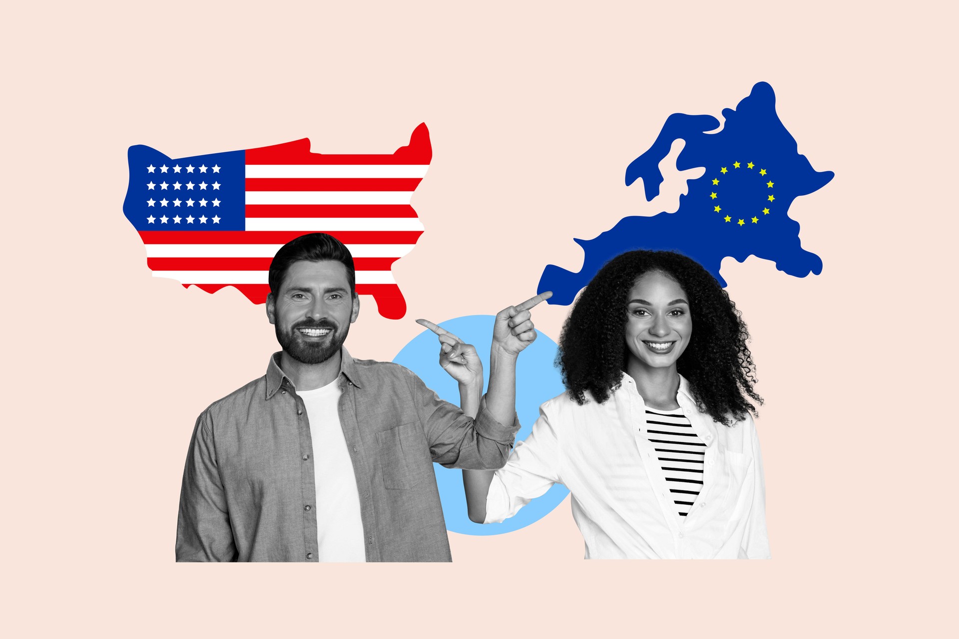 Creative full art collage of two happy guy girl point usa europe problem export partners economy problem embargo crisis