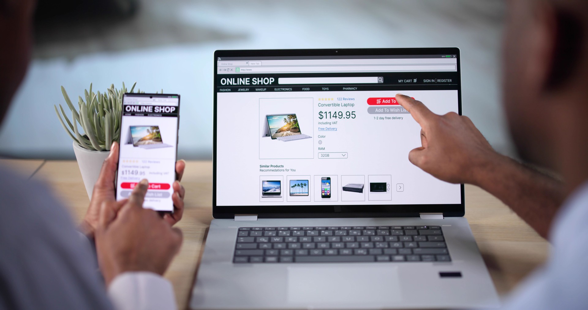 Woman And Man Doing Online Shopping On Laptop