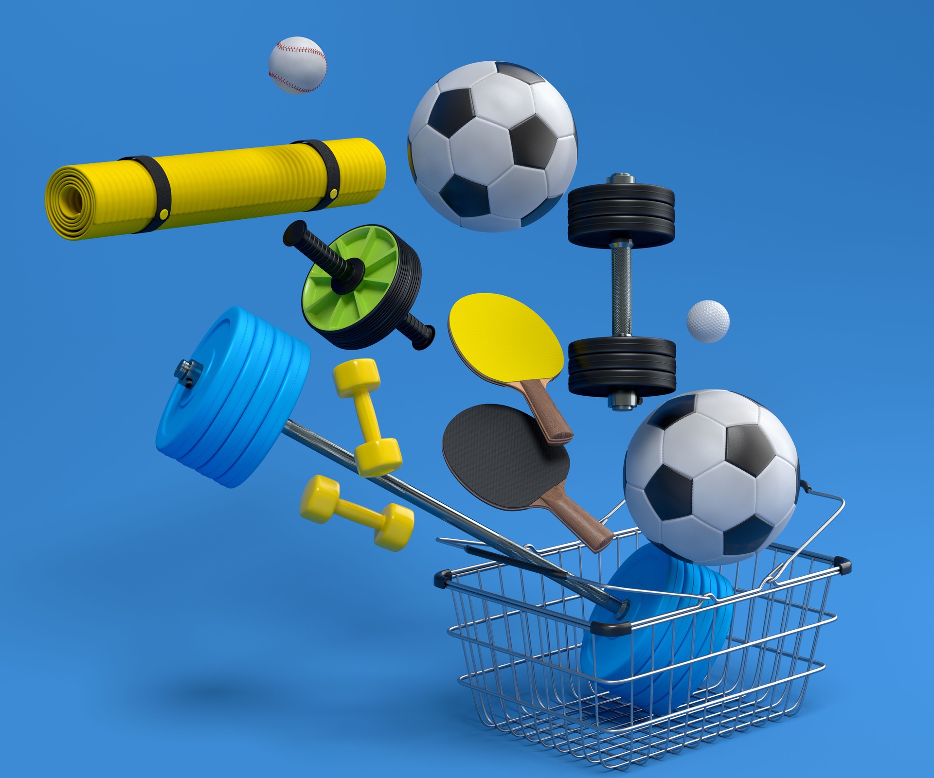 Sport equipment for fitness, gym, gyn in shopping basket on blue